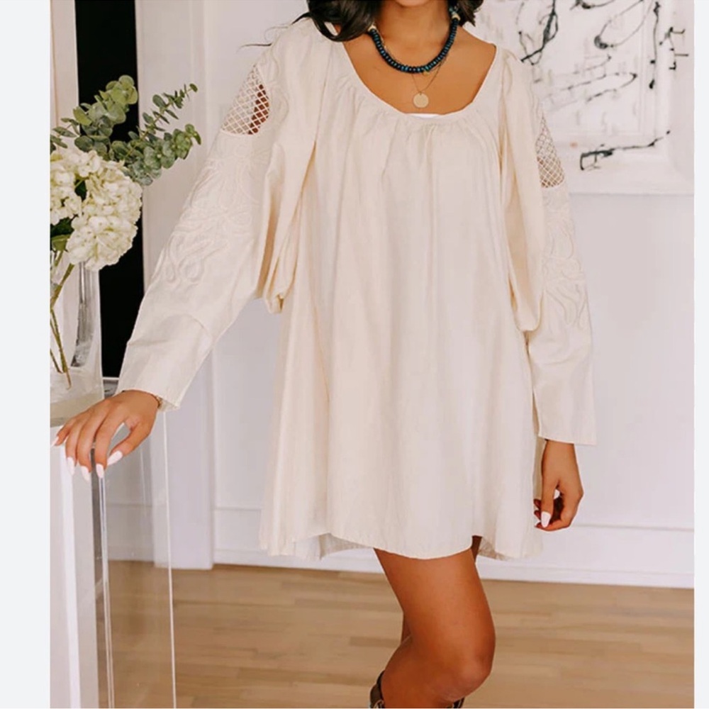H&M Voluminous Beige Embroidered Sleeves Boho Babydoll Mini Dress size XS